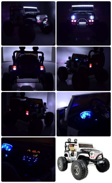 JEEP BUGGY POLICJA MEGA KOŁA Z AMORTYZATORAMI PILOT 4X4, PANEL, PRZESUWANE SIEDZENIE, /SX-1719