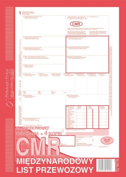 Druk 800-2N CMR Międzynarodowy list przewozowy (numerowany) A4 Druk 800-2N CMR Międzynarodowy list przewozowy (numerowany) A4