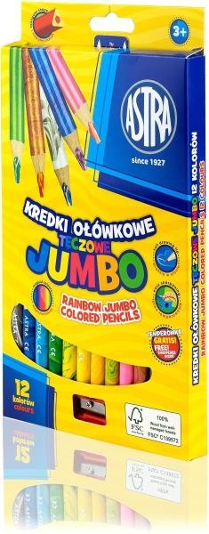Kredki ołówkowe Jumbo trójkątne tęczowe + temperówka 12 kolorów Kredki ołówkowe Jumbo trójkątne tęczowe + temperówka 12 kolorów