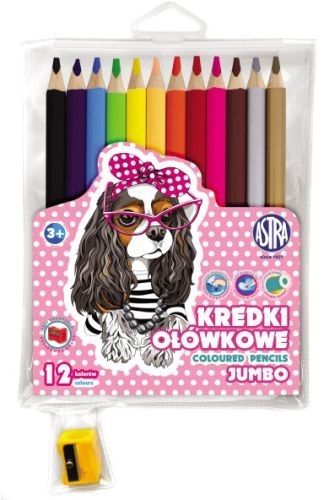 Kredki ołówkowe ASTRA jumbo okrągłe 12 kolorów + temperówka - Pieski Kredki ołówkowe ASTRA jumbo okrągłe 12 kolorów + temperówka - Pieski