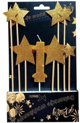 Dekoracja urodzinowa DF-072, Topper złote gwiazdki i świeczka 