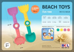 Zestaw zabawek do piasku dla dzieci 3+ Kolorowe łopatki grabki cedzak 4w1
