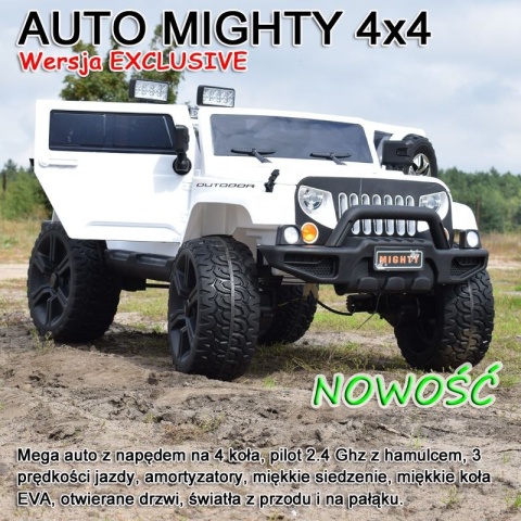 Auto na akumulator Mighty Jeep dla dzieci Zielony + 2-osobowy + Napęd 4x4 + 2 bagażniki