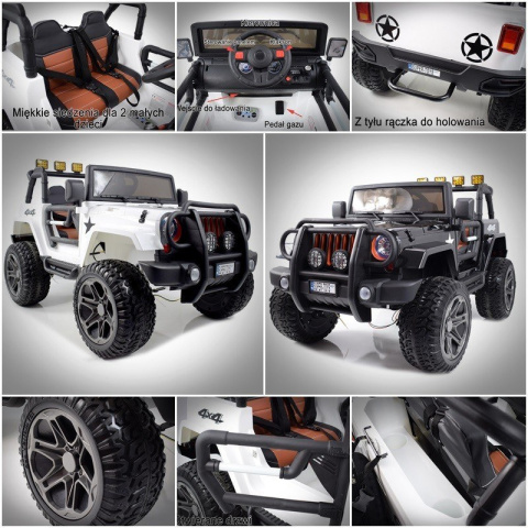 Auto terenowe typu jeep Monster 4x4 dla dzieci Biały + Pilot + Regulacja siedzenia + Wolny Start + MP3 LED + Bagażnik + Plecak