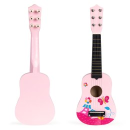 Gitara dla dzieci drewniana metalowe struny kostka- różowa ECOTOYS