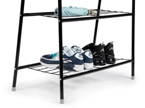 Wieszak stojący stojak na kółkach z 2 półkami na ubrania buty ModernHome