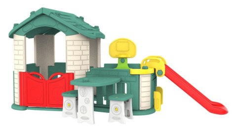 Duży Domek ogrodowy 5w1 dla dzieci + Zjeżdżalnia + Koszykówka + Ogródek + Stolik + 2 Krzesełka Zielony Dach Duży Domek ogrodowy 5w1 dla dzieci + Zjeżdżalnia + Koszykówka + Ogródek + Stolik + 2 Krzesełka Zielony Dach