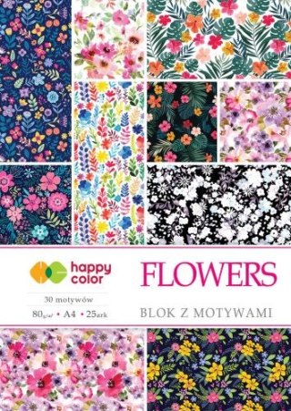 Blok z motywami FLOWERS, 80g/m2, A4, 15 ark, 25 motyw, Happy Color