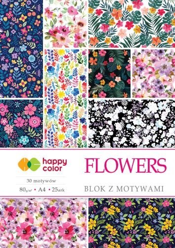Blok z motywami FLOWERS, 80g/m2, A4, 15 ark, 25 motyw, Happy Color