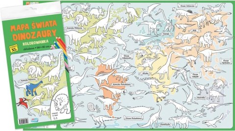 Mapa świata. Dinozaury. Kolorowanka XL - kolor Mapa świata. Dinozaury. Kolorowanka XL - kolor