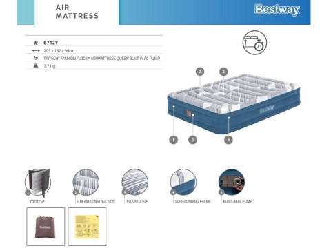 Bestway 2os wygodny materaca Queen 203x152x36cm wbudowana pompka 6712Y Bestway 2os wygodny materaca Queen 203x152x36cm wbudowana pompka 6712Y