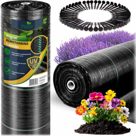 Agrotkanina ogrodowa 1,6 m x 50 m 90 g/m2 + 50 szpilek Plonos - czarna