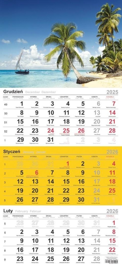 Kalendarz 2026 trójdzielny Plaża