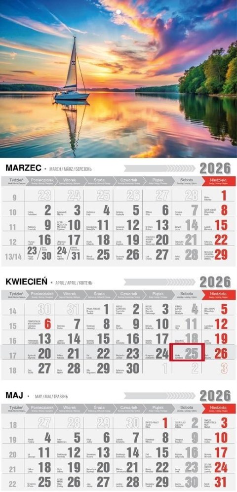 Kalendarz 2026 trójdzielny z magnesen mazury