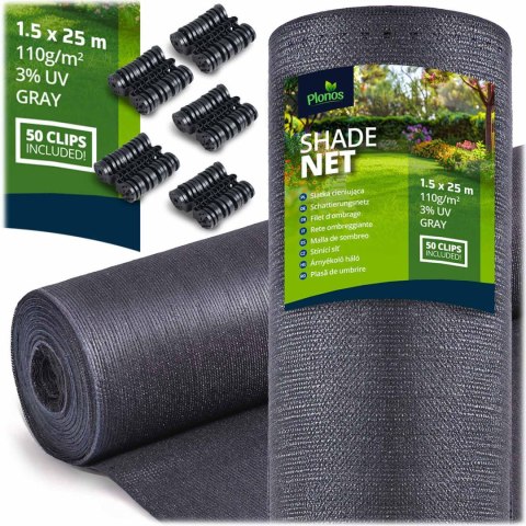 Siatka cieniująca 1,5x25m 110g/m2 + 50 zacisków szara