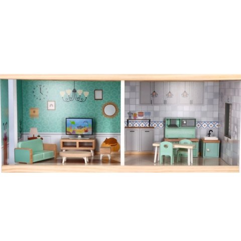 Drewniany domek dla lalek z windą 19 mebli - Adam Toys 3+