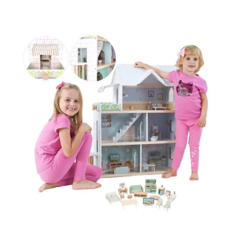 Drewniany domek dla lalek z windą 19 mebli - Adam Toys 3+