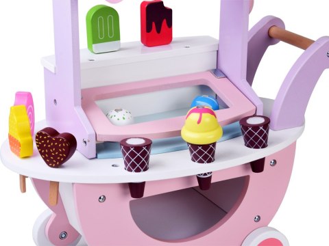 Pastelowa słodka LODZIARNIA na kółkach z drewna + 8 różnych lodów ZA5946
