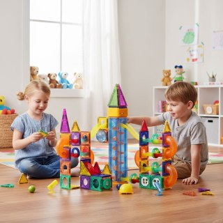 Klocki magnetyczne świecące konstrukcyjne tor kulkowy kulodrom 134 elementy