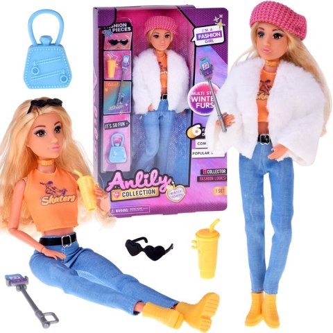 Modna lalka influencerka Anlily zimowy outfit futerko akcesoria ZA5701