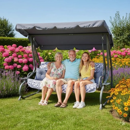 Duża huśtawka rozkładana leżanka ogrodowa 2w1 4 os. 300 kg daszek