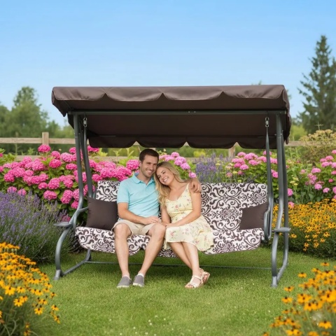 Rodzinna Huśtawka ogrodowa z Daszkiem Brązowy wzór + Tekstylina 2x1 + Regulowane siedzisko + Materac + 2 Podstawki na napoje