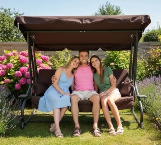 Rodzinna Huśtawka ogrodowa z Daszkiem Czekoladowy + Tekstylina 2x1 + Regulowane siedzisko + Materac + 2 Podstawki na napoje