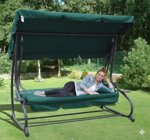 Rodzinna Huśtawka ogrodowa z Daszkiem Zielony + Tekstylina 2x1 + Regulowane siedzisko + Materac + 2 Podstawki na napoje