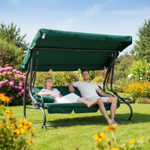 Rodzinna Huśtawka ogrodowa z Daszkiem Zielony + Tekstylina 2x1 + Regulowane siedzisko + Materac + 2 Podstawki na napoje