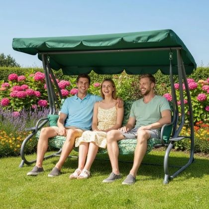 Rodzinna Huśtawka ogrodowa z Daszkiem Zielony wzór + Tekstylina 2x1 + Regulowane siedzisko + Materac + 2 Podstawki na napoje