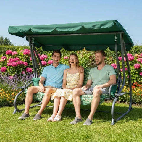Rodzinna Huśtawka ogrodowa z Daszkiem Zielony wzór + Tekstylina 2x1 + Regulowane siedzisko + Materac + 2 Podstawki na napoje