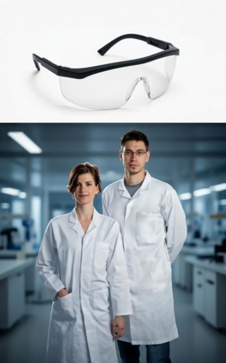 Biały FARTUCH laboratoryjny biały kitel 100% bawełna + OKULARY LABORATORYJNE Biały fartuch medyczny kitel