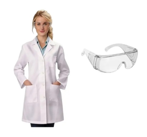 Biały FARTUCH laboratoryjny biały kitel + OKULARY LABORATORYJNE Biały fartuch medyczny kitel