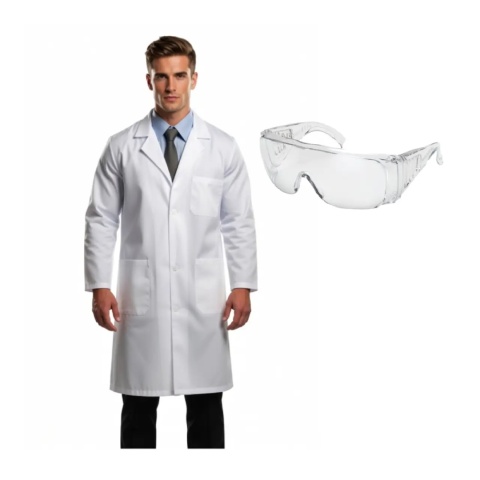Biały FARTUCH laboratoryjny biały kitel + OKULARY LABORATORYJNE Biały fartuch medyczny kitel