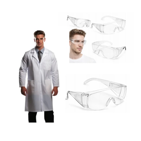 Biały FARTUCH laboratoryjny biały kitel + OKULARY LABORATORYJNE Biały fartuch medyczny kitel