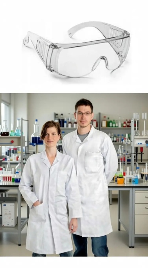 Biały FARTUCH laboratoryjny biały kitel + OKULARY LABORATORYJNE Biały fartuch medyczny kitel