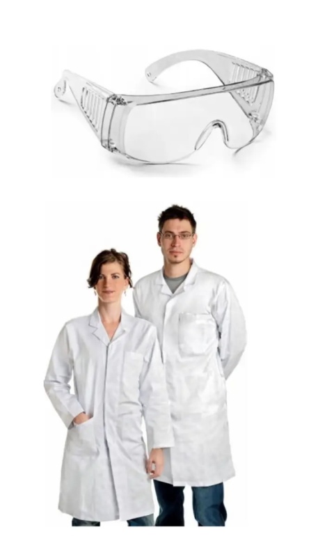 Biały FARTUCH laboratoryjny biały kitel + OKULARY LABORATORYJNE Biały fartuch medyczny kitel