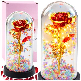 Wieczna Róża W Kopule Kryształowa Oświetlenie LED Kuleczki Czerwona 21x11cm