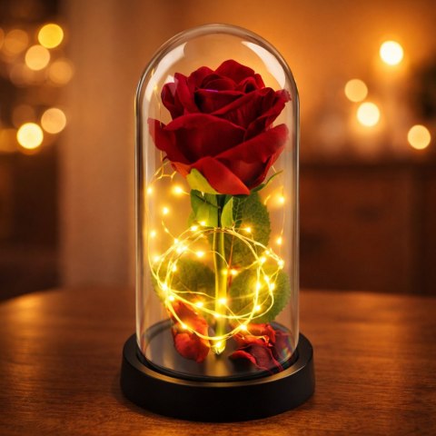 Wieczna Róża w Kopule z Oświetleniem LED Czerwona 21x11cm