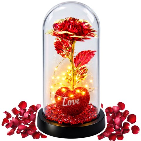 Wieczna Róża w Kopule z Oświetleniem LED Sercem Koralikami Czerwona 21x11cm