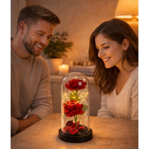 Wieczne 2 Róże w Kopule z Oświetleniem LED i Płatkami Róż Czerwone 21x11cm