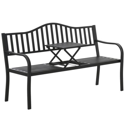 Ławka Ogrodowa Taras Ogród Park Metalowa Oparcie Stolik Czarna 150 cm