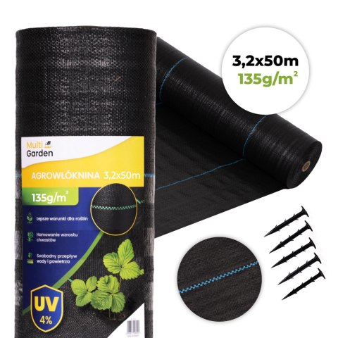 Agrowłóknina czarna agrotkanina UV 135g mata antychwastowa 3,2x50m kołki MulltiGarden