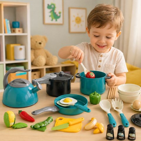 Zestaw Małego Kucharza Garnki Kuchenne Naczynia Czajnik Turkusowe 33 El.