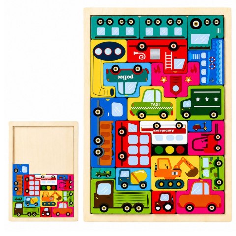 Drewniane Puzzle Łamigłówka Układanka Logiczna Pojazdy Kolorowe 23 el.