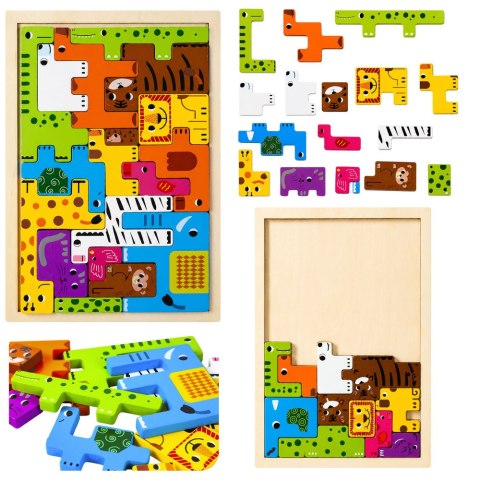 Drewniane Puzzle Łamigłówka Układanka Logiczna Zwierzęta Kolorowe 20 el.