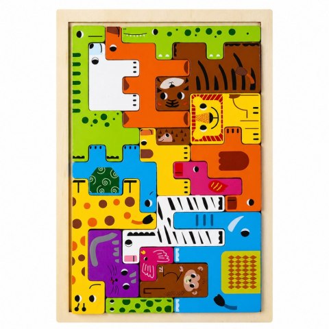 Drewniane Puzzle Łamigłówka Układanka Logiczna Zwierzęta Kolorowe 20 el.