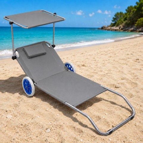 Leżak Plażowy Na Kółkach Ogrodowy Składany Z Daszkiem Metalowy Szary