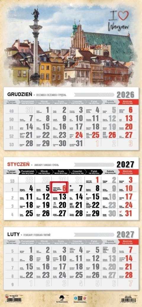 Kalendarz 2027 trójdzielny Warszawa