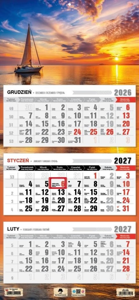 Kalendarz 2027 trójdzielny żaglówka